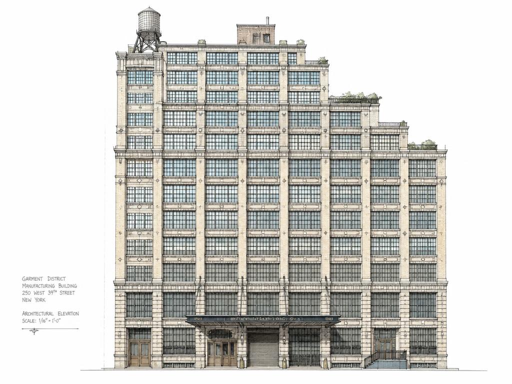 Ink sketch of a Garment District loft building